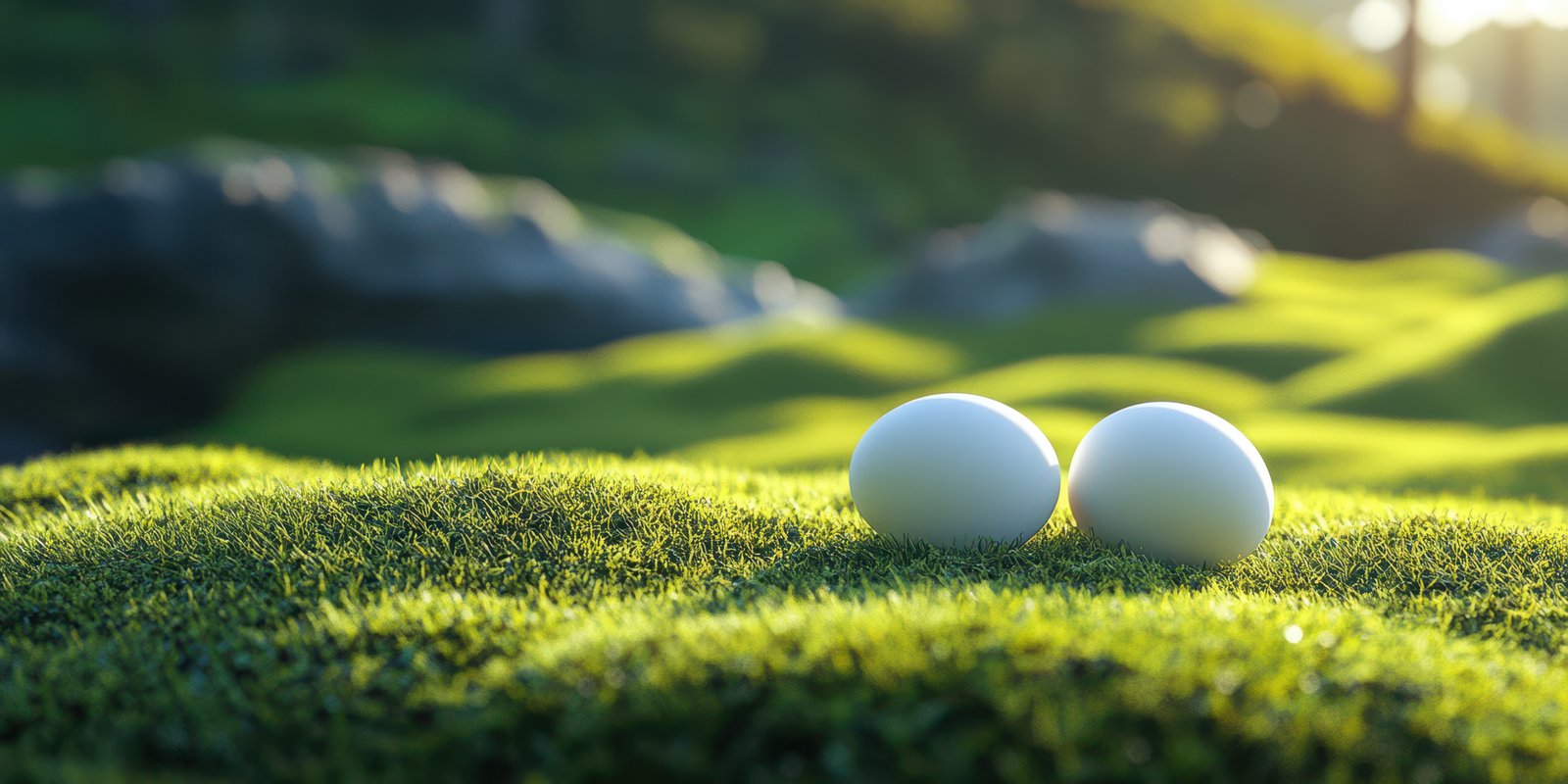 Two white eggs resting on lush green grass under soft sunlight in a serene natural setting